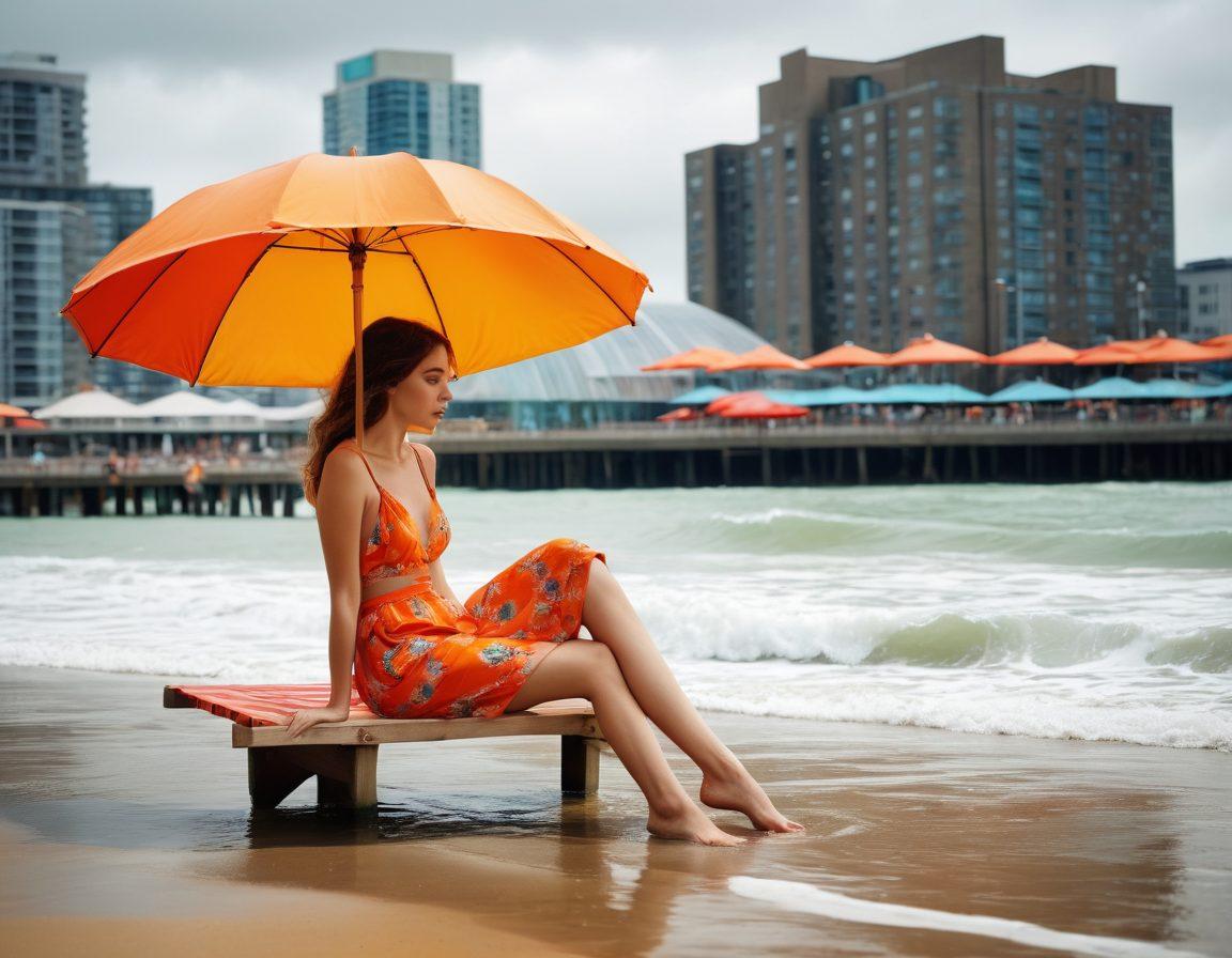 A serene beach scene at the Barbican Center, showcasing models in vibrant summer fashion and whimsical beachwear. Soft melancholic colors with a hint of joy highlight the contrast between the sea and urban architecture. Add elements such as gently crashing waves, beach umbrellas, and people enjoying the moment, all under a slightly overcast sky. This composition evokes a sense of reflection and happiness. vibrant colors. super-realistic.