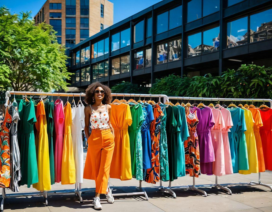 A vibrant summer scene showcasing a person joyfully exploring an outdoor fashion exhibition at the Barbican Center. Include colorful clothing racks filled with diverse, stylish summer outfits. The background should display the iconic architecture of the Barbican, with sunny skies and lush greenery. Capture the essence of transformation from dull to delightful through expressive facial features and dynamic poses. super-realistic. vibrant colors.